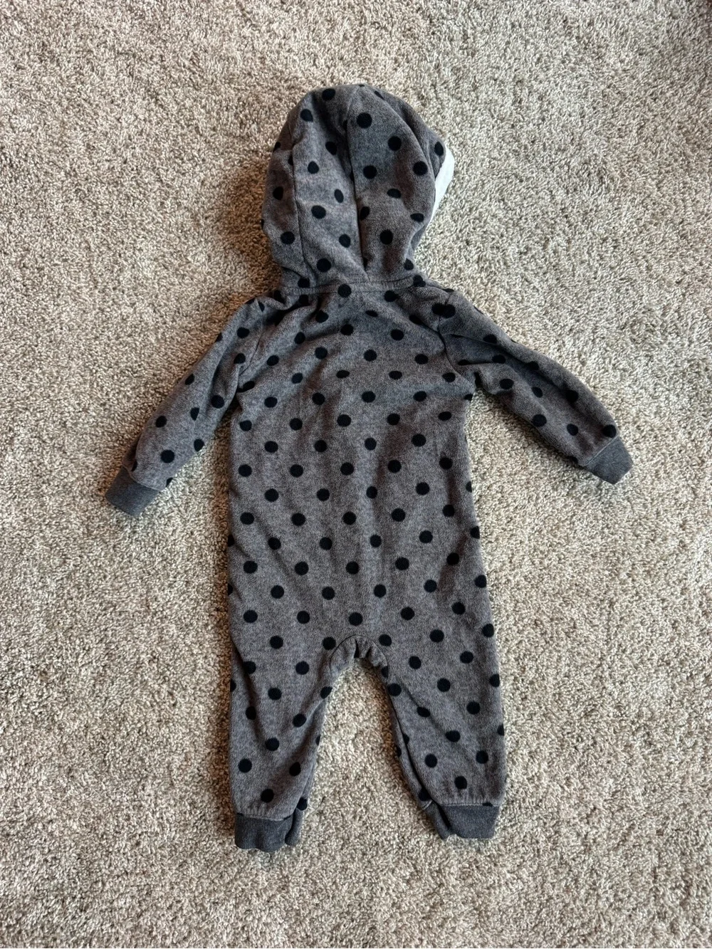 Carter’s Baby Fleece One Piece Size 9M Gray Polka Dot Hooded Zip Romper